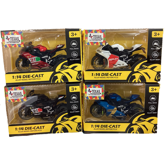Motorcycle Pull-Back Die-Cast Model Toys, x4 Assorted Styles