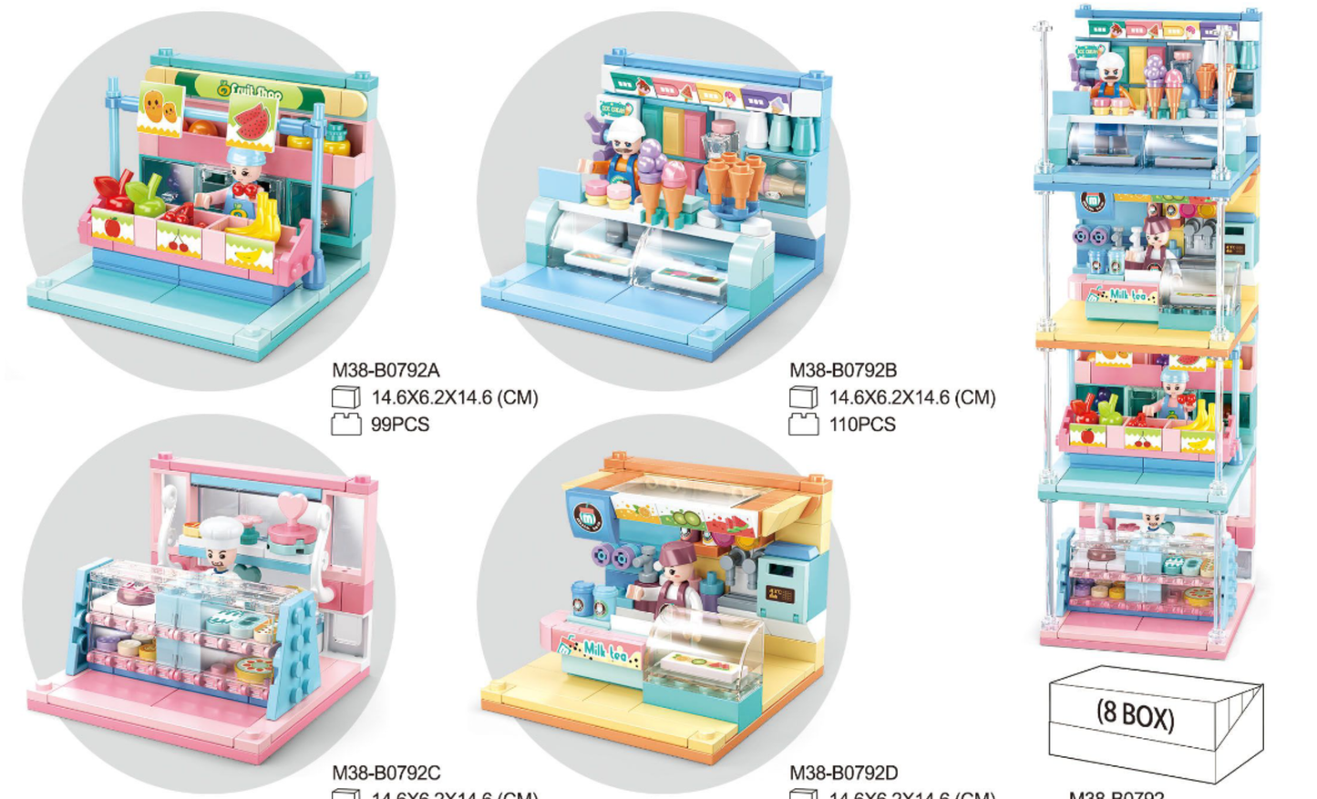 Food Shop Building Brick Display Set (x2 of each kit A-D)