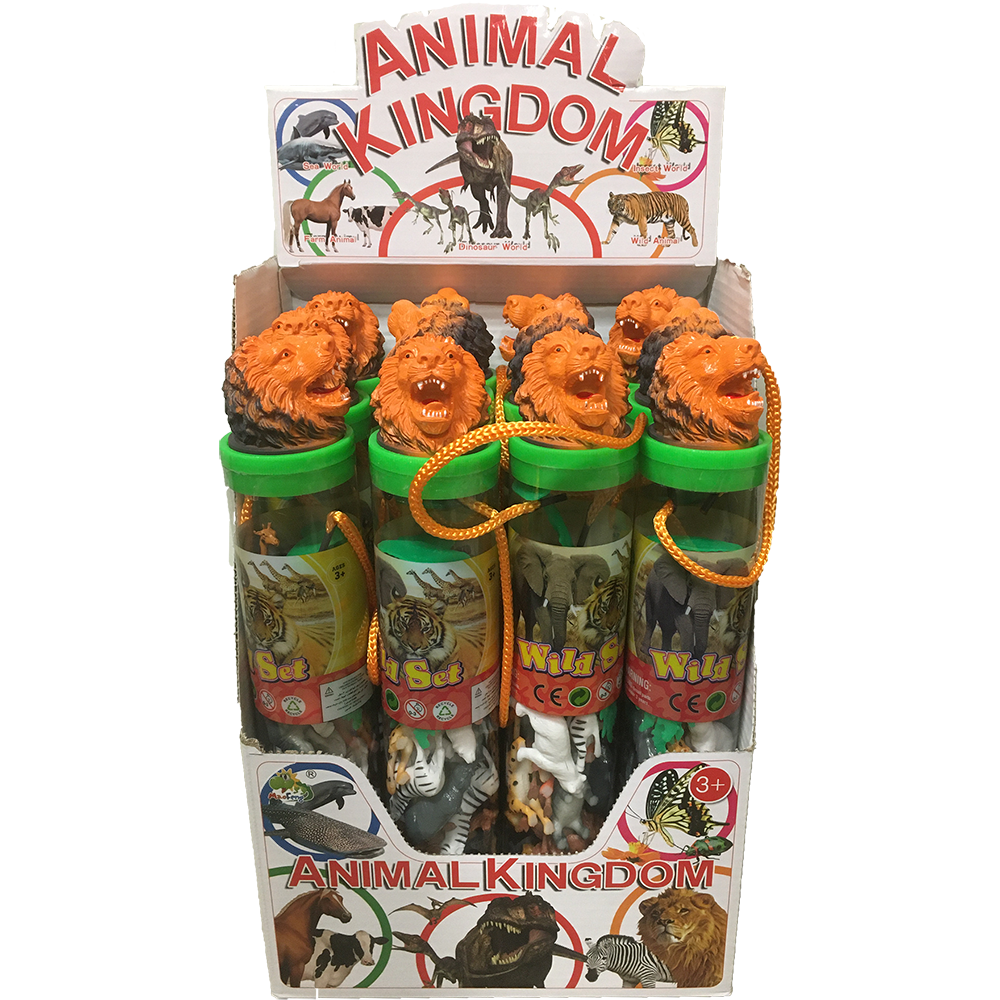 Zoo Animal Figurines in Clear Tube with Lion Head Topper