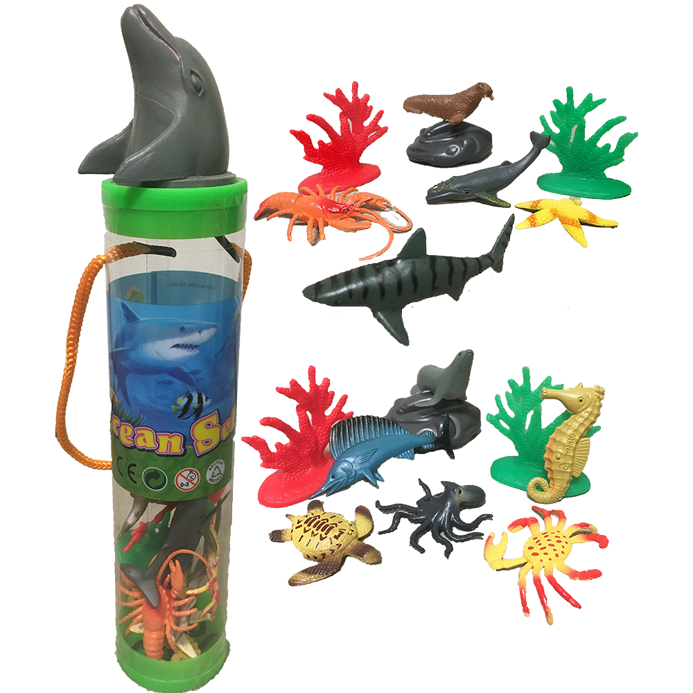 Sea Animal Figurines in Clear Tube with Dolphin Head Topper