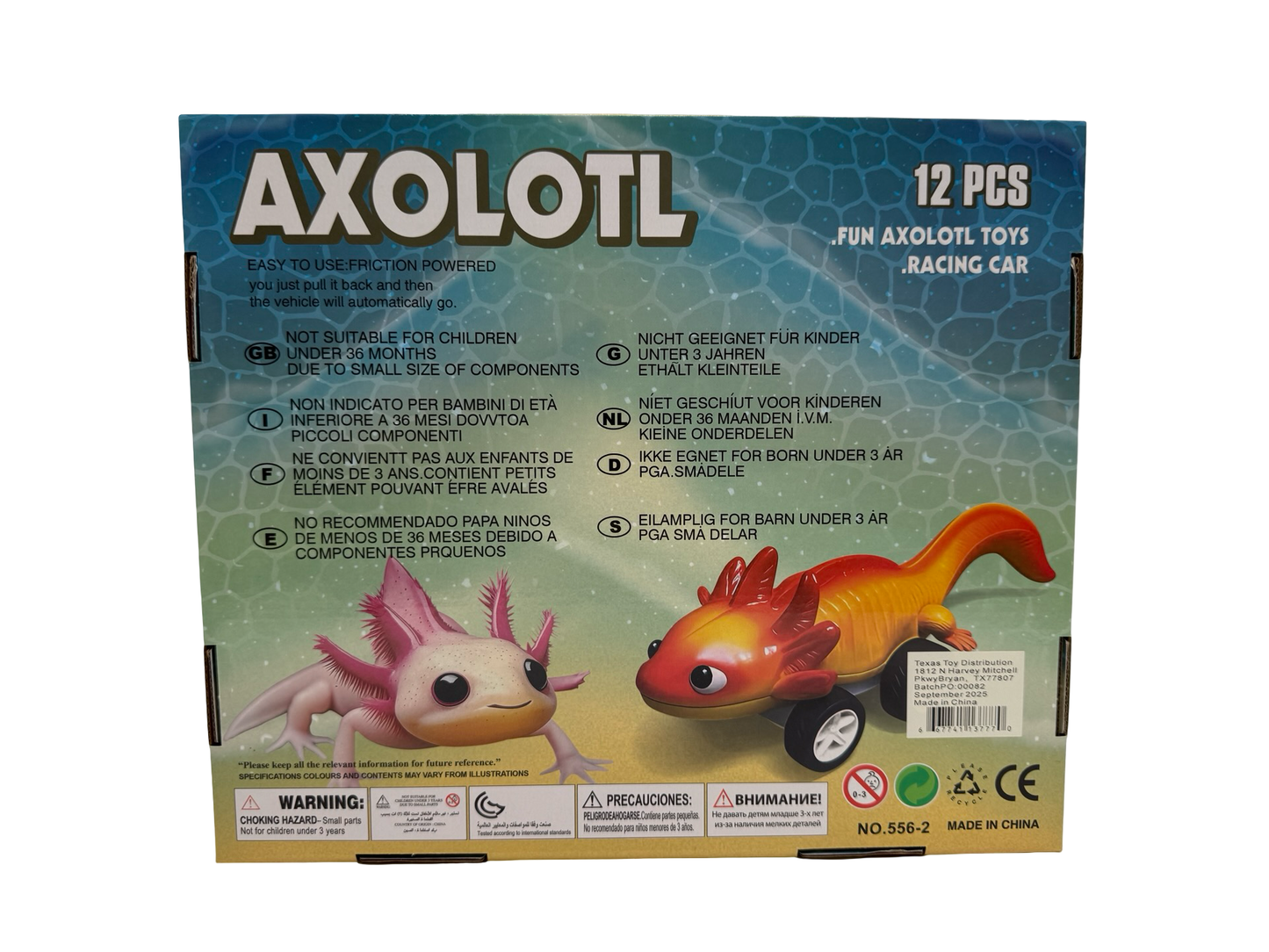 Set of 12 Axolotl pull-back cars