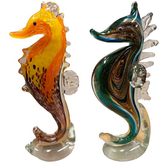 Glass Sea Horse Standing Aquatic Sculpture, Two Colors