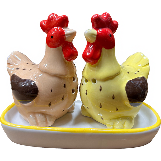 Chickens Ceramic Salt and Pepper Shaker Farm Set with Tray