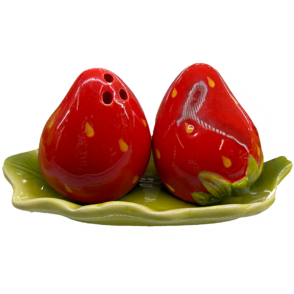 Strawberries Ceramic Salt and Pepper Shaker Set with Tray