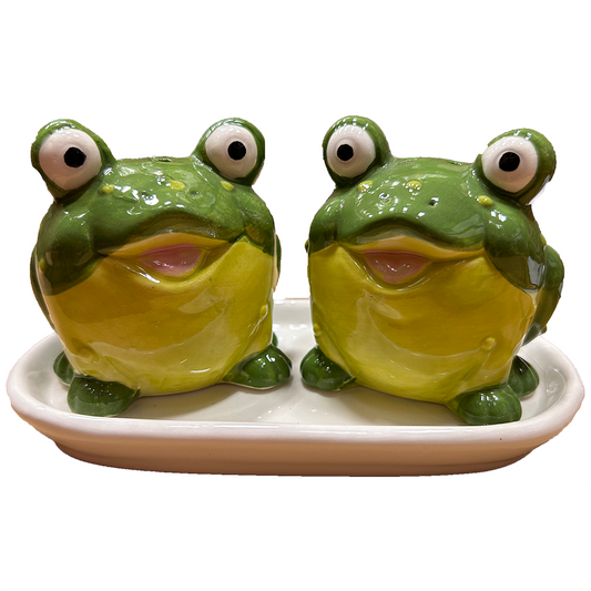 Frogs Ceramic Salt and Pepper Shaker Set with Tray