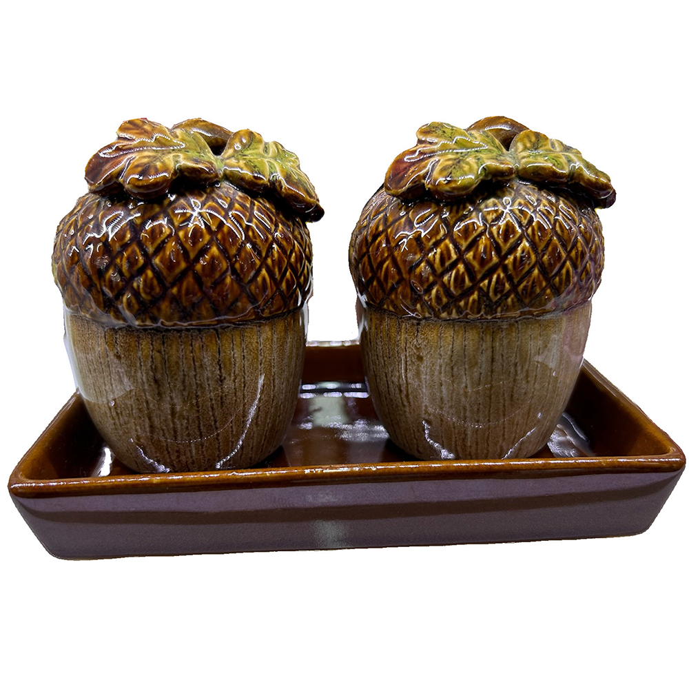 Acorns Ceramic Salt and Pepper Shaker Set with Tray