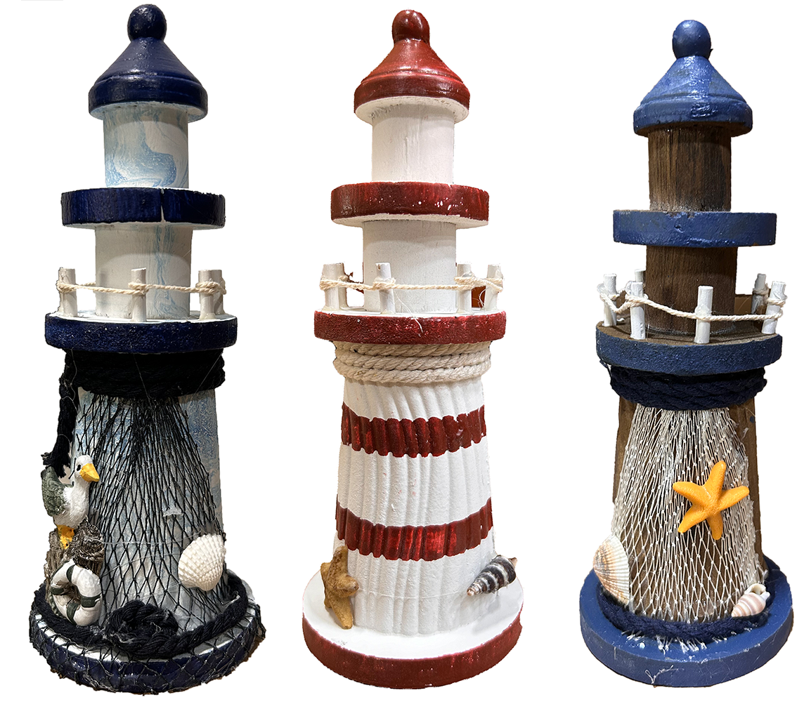 Wood Lighthouse Coastal Sculptures Home Decor, 3 Styles 7.5"