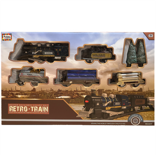 Retro Train Set with Assorted Cars and Tracks in Window Box