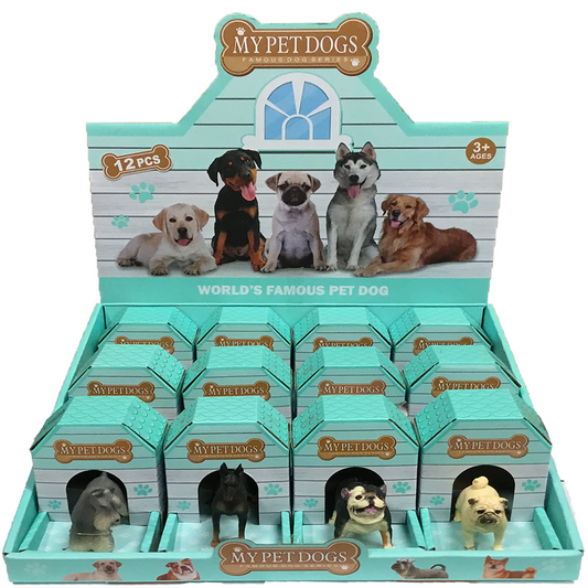 Assorted Pet Dog Figurines in Dog Houses, Display Box of 12