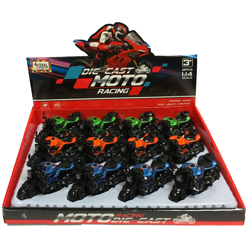 Motorcycle Pull-Back Vehicle Display of 12, 1:14 Scale Toys