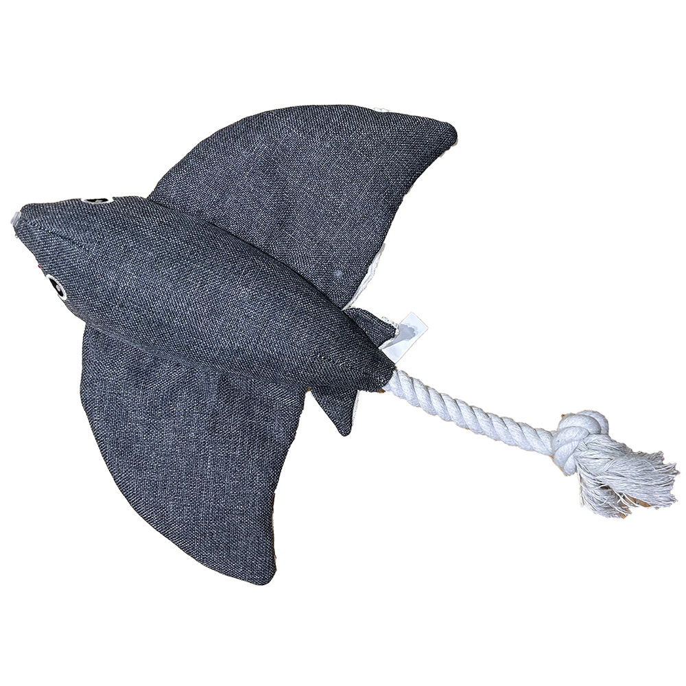 Manta Ray Plush Pet Toy with Rope Tail, Squeaker, and Crinkle