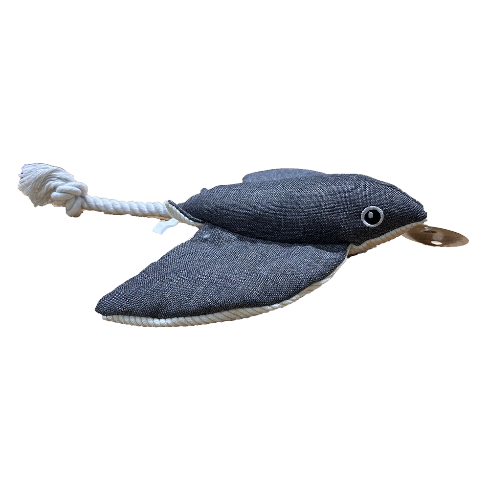 Manta Ray Plush Pet Toy with Rope Tail, Squeaker, and Crinkle