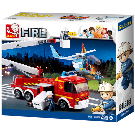Fire Truck with Cherry Picker Arm and Helicopter Building Brick Kit (394 Pcs)
