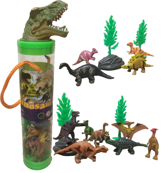 Dinosaur Figurines in Clear Tube with T-Rex Head Topper